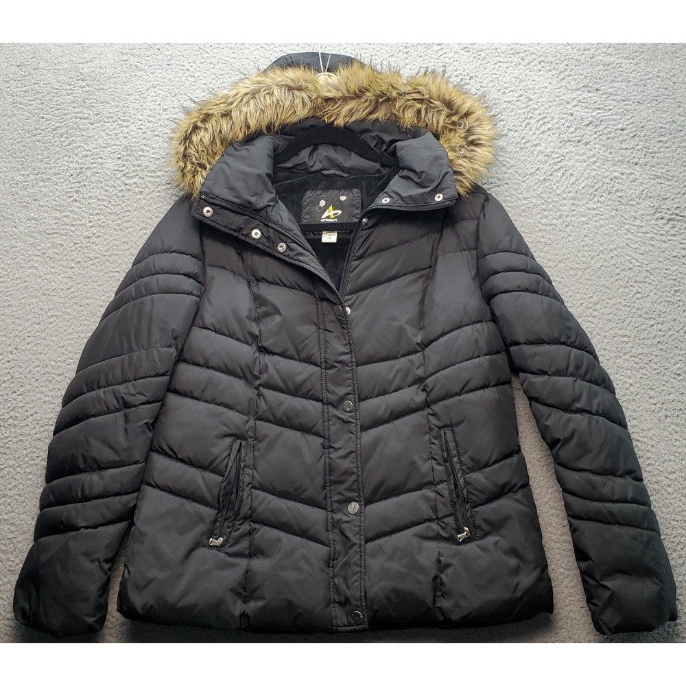 Athletech Puffer Jacket Womens Large Black Faux Fur Trim Hooded Snap Up Full Zip